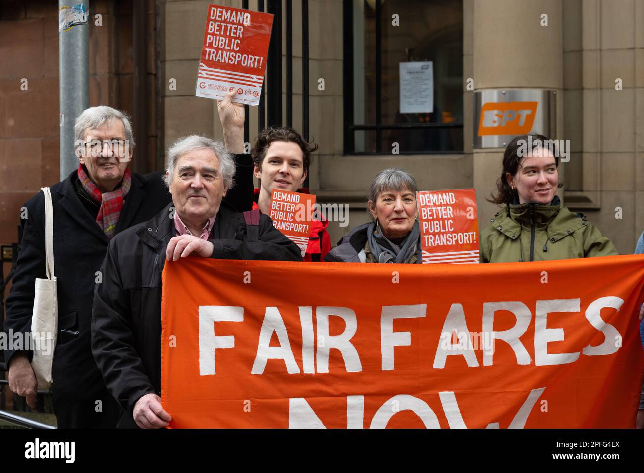 Glasgow, Scotland, UK. 17th Mar, 2022. Get Glasgow Moving 'Fair Fares Now' Passenger Rally protesters meet councillors outside Strathclyde Partnership for Transport (SPT) offices. Glasgow fares are higher than many other cities and Get Glasgow Moving is calling for the SPT to seize the new powers in the Transport Act 2019 to regulate the private bus companies, cap fares and deliver a fully-integrated public transport system across Glasgow. Credit: Kay Roxby/Alamy Live News Stock Photo