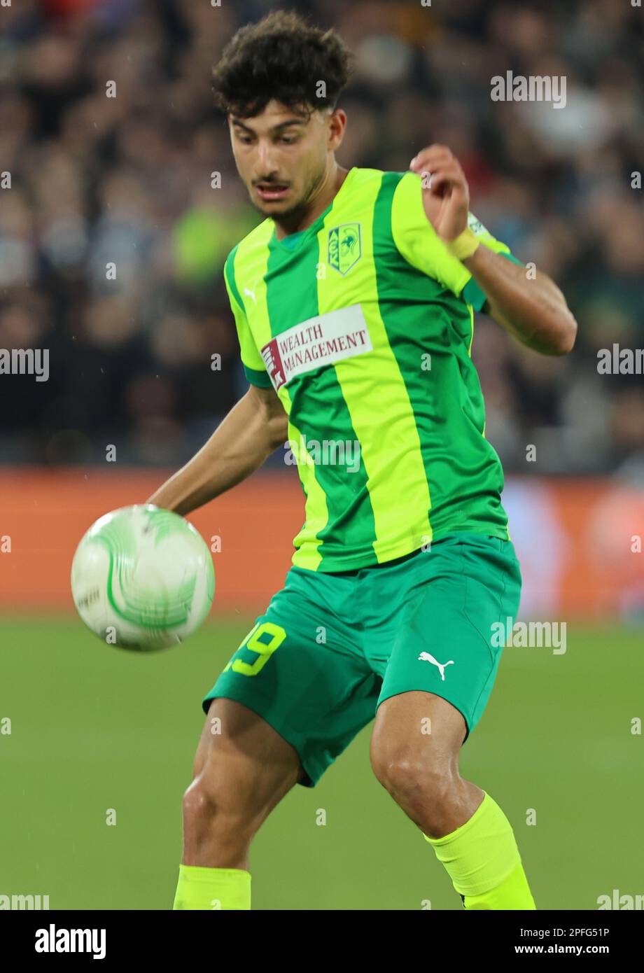 Giorgos Naoum of AEK Larnaca in action during UEFA Europa Conference League Round of 16 2nd Leg soccer match between West Ham United against AEK Larna Stock Photo