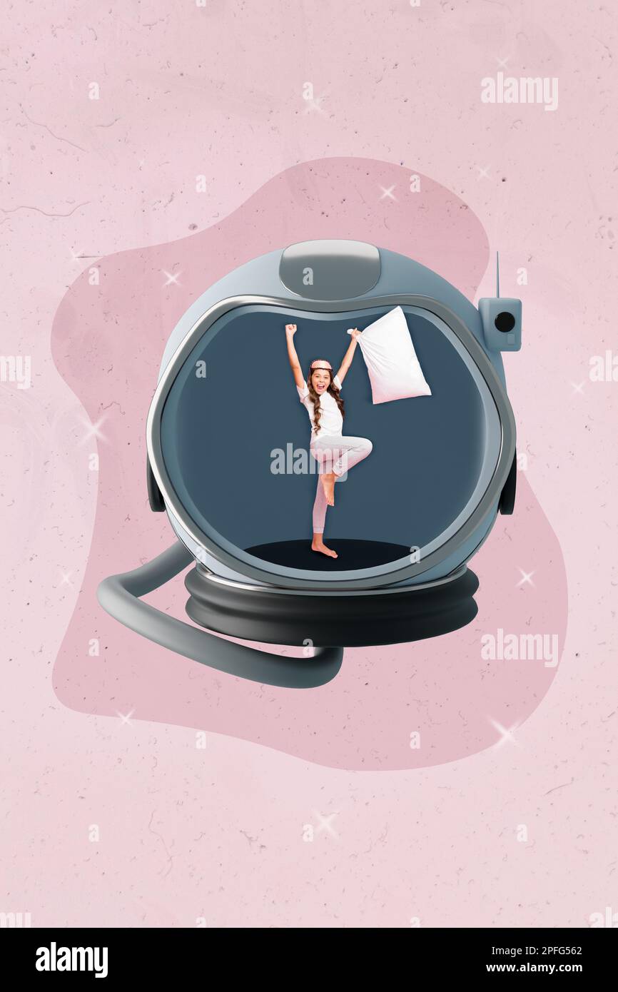 Vertical collage portrait of delighted mini small girl inside huge astronaut helmet isolated on drawing pink background Stock Photo