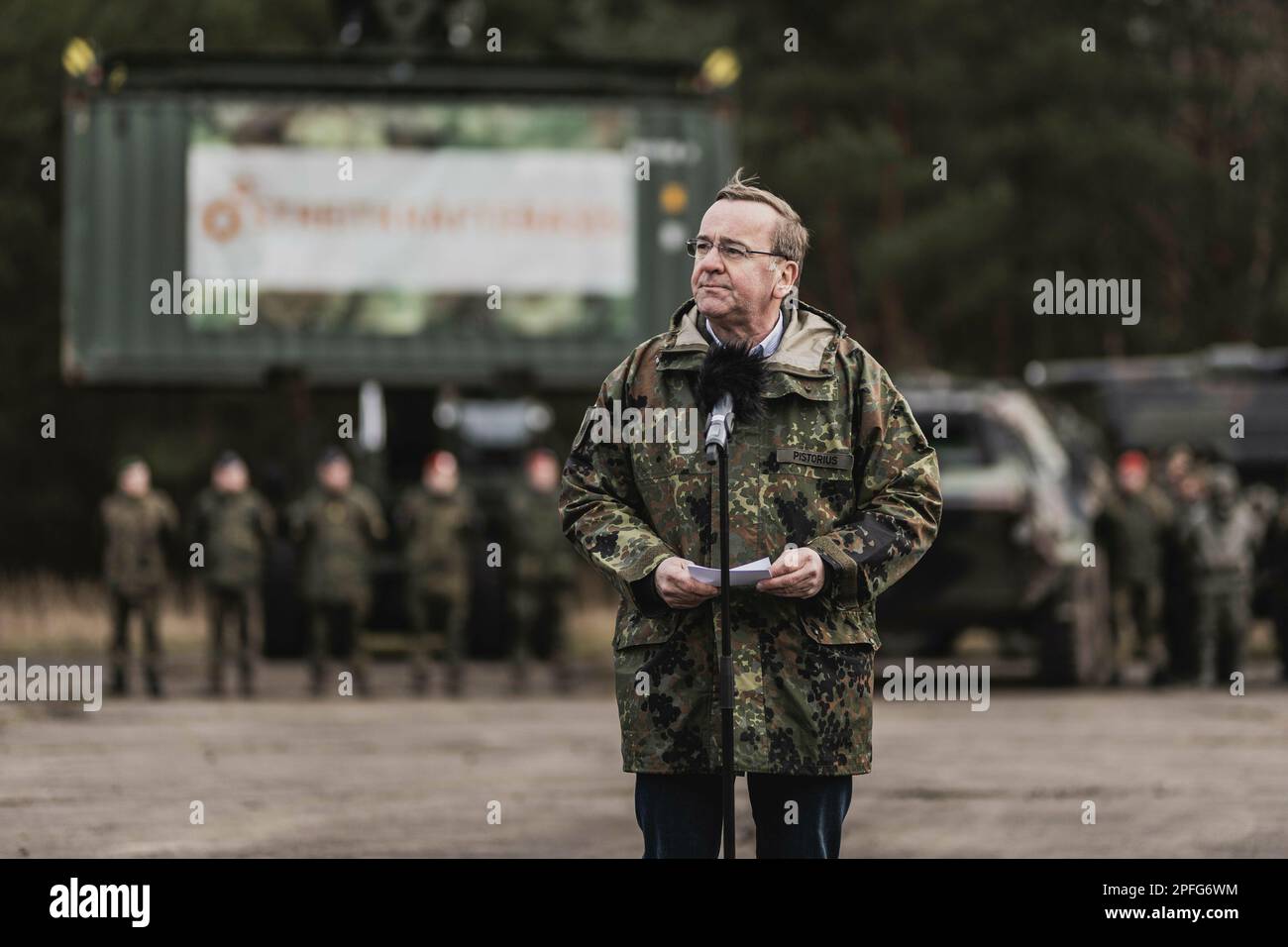 Boris Pistorius (SPD), Federal Minister of Defence, taken during a visit to the Bundeswehr military base in Mahlwinkel, March 16, 2023. Key skills of the armed forces base are to be shown on the basis of skills demonstrations. Stock Photo