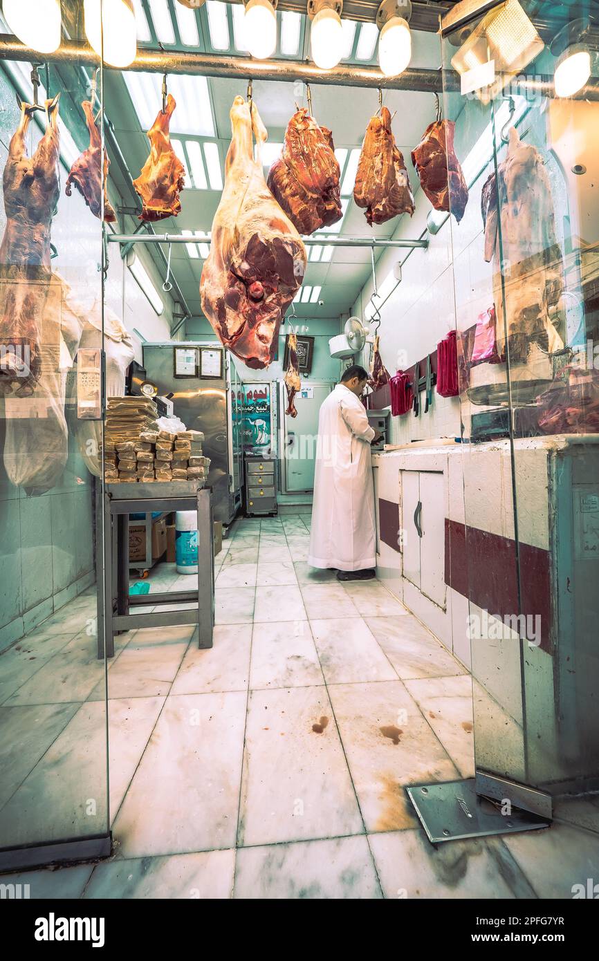 View of hanging mutton meat at a butcher's shop at Souk Baab Makkah
