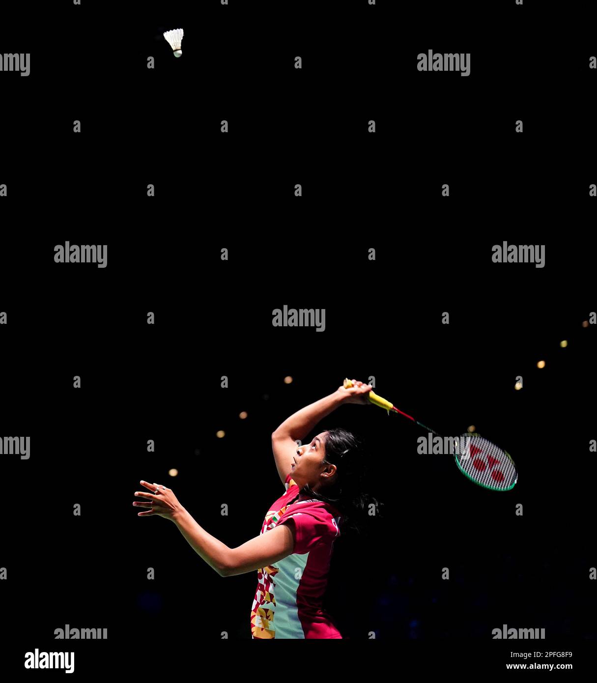 India's Gayatri Gopichand Pullela and Treesa Jolly (not pictured) in action against China's Li Wen Mei and Liu Xuan Xuan (not pictured) during day four of the YONEX All England Open Badminton Championships at the Utilita Arena Birmingham. Picture date: Friday March 17, 2023. Stock Photo
