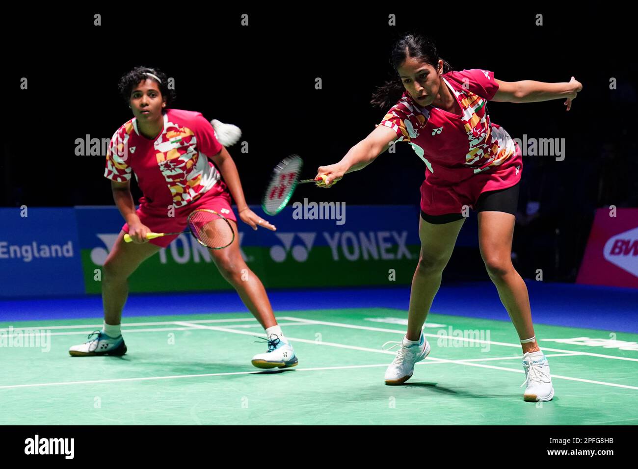 India's Gayatri Gopichand Pullela (right) and Treesa Jolly in action against China's Li Wen Mei and Liu Xuan Xuan (not pictured) during day four of the YONEX All England Open Badminton Championships at the Utilita Arena Birmingham. Picture date: Friday March 17, 2023. Stock Photo