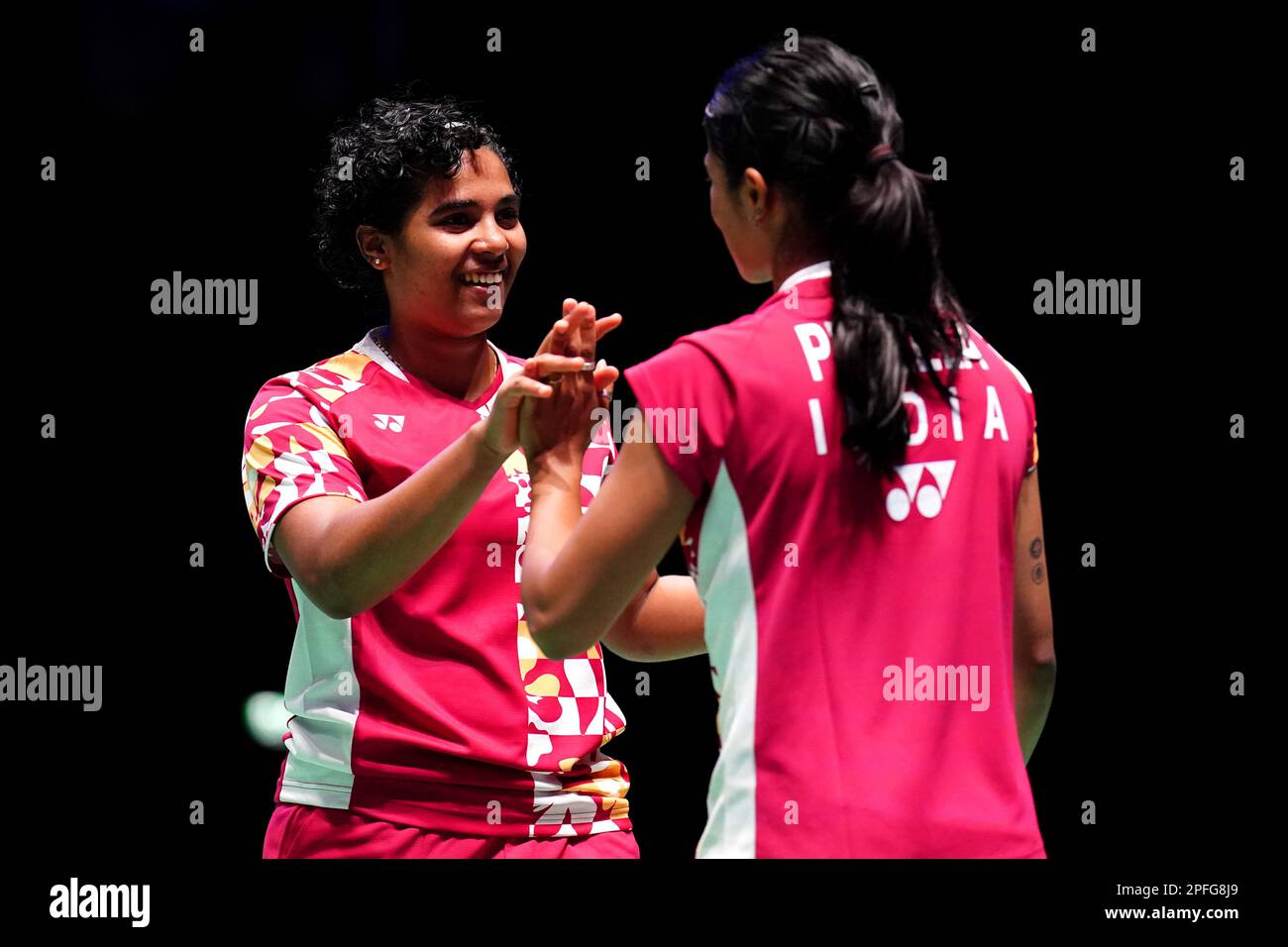 India's Gayatri Gopichand Pullela (right) and Treesa Jolly in action against China's Li Wen Mei and Liu Xuan Xuan (not pictured) during day four of the YONEX All England Open Badminton Championships at the Utilita Arena Birmingham. Picture date: Friday March 17, 2023. Stock Photo