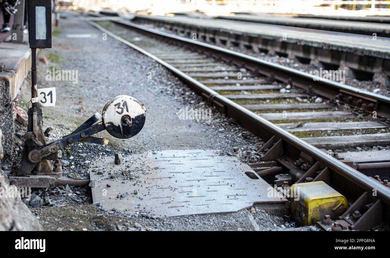 Railroad switch mechanism near train tracks Stock Photo Alamy