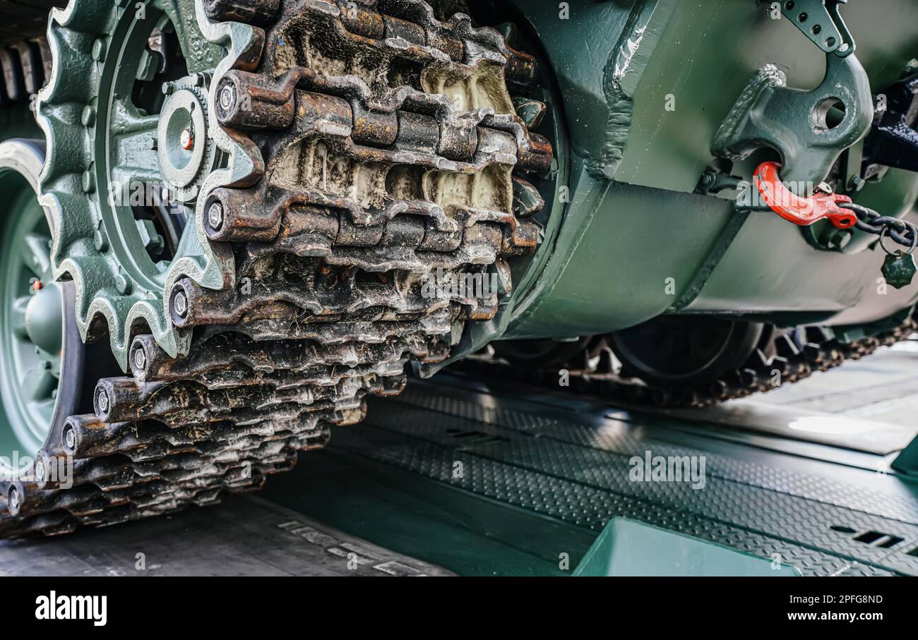 Steel army tank caterpillar tread tracks, closeup detail Stock Photo