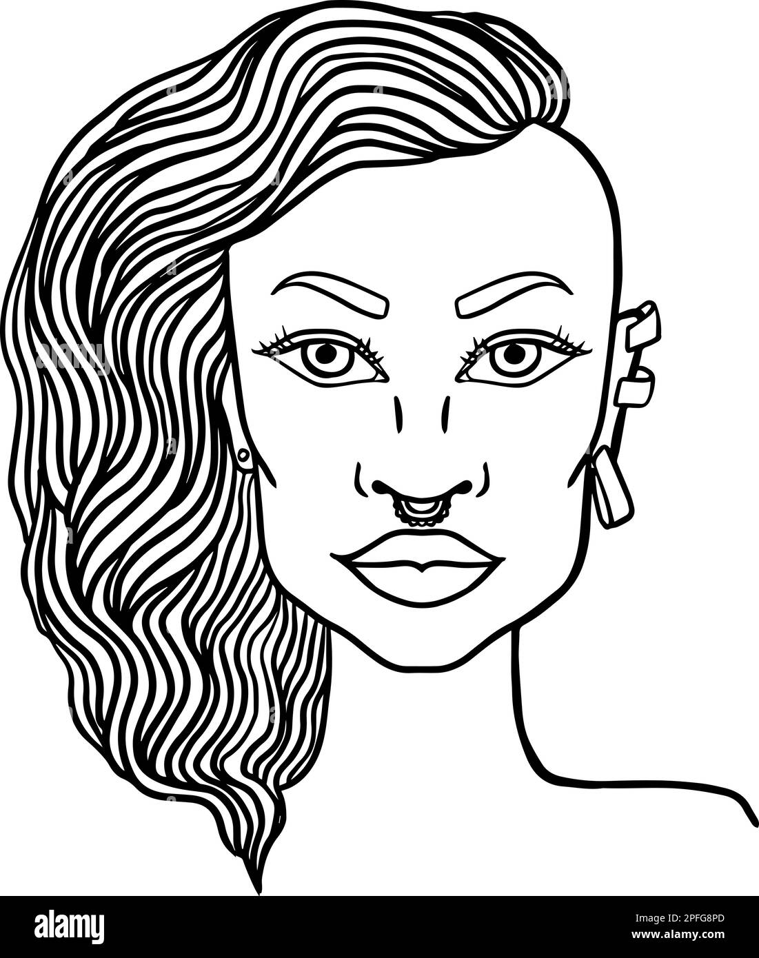 Doodle Girl Portrait for Adult Coloring Book Stock Vector