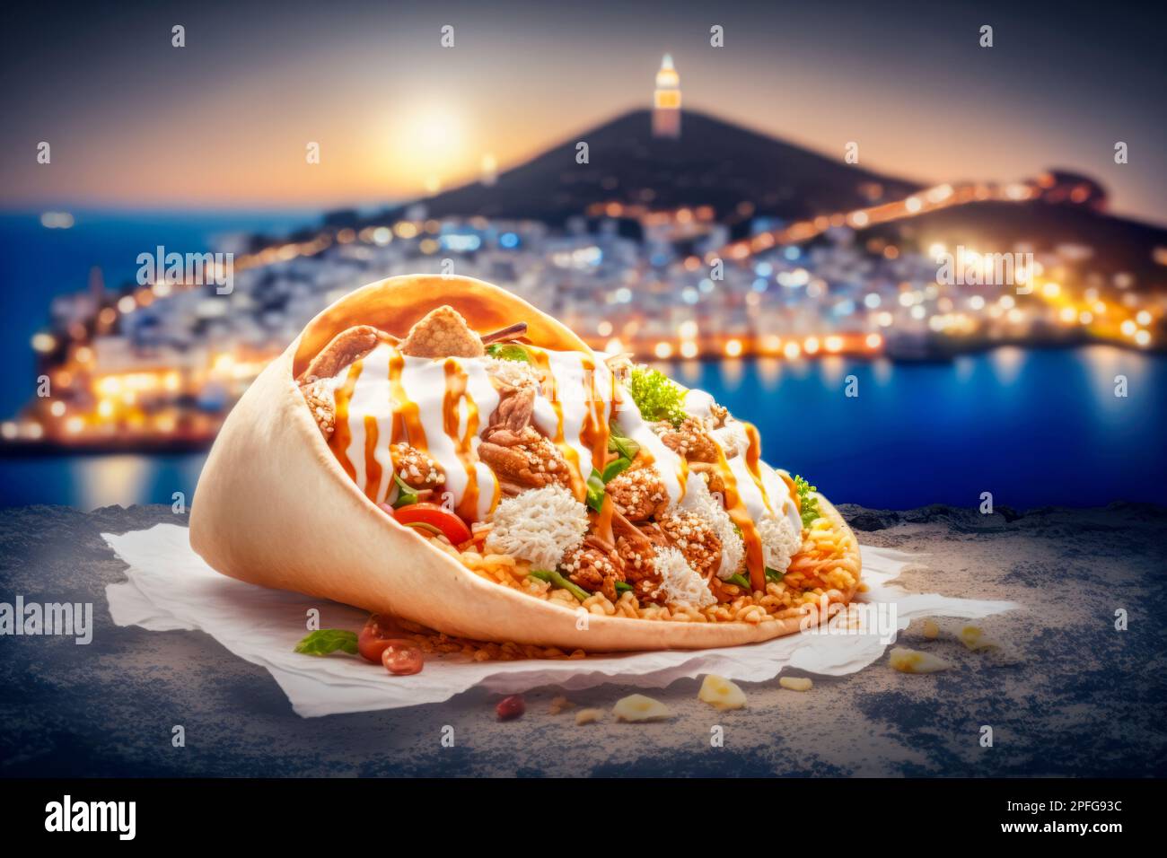 Delicious gyros on background of a white greek city in Santorini. AI generative Stock Photo