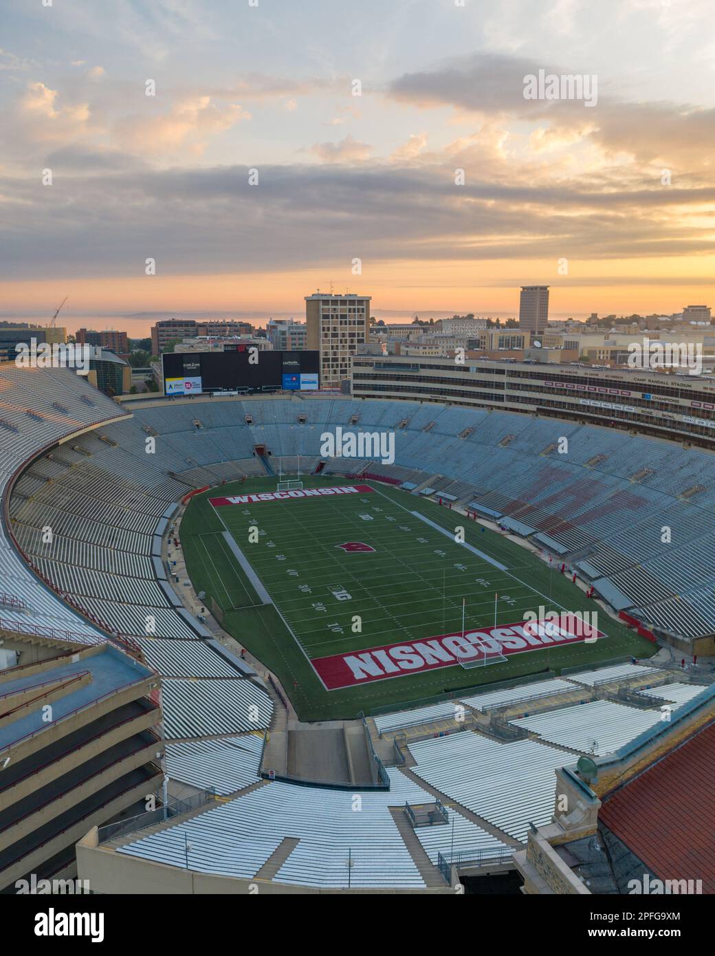 Aerial View of Sunrise at Camp Randall Stadium in Madison, Wisconsin. Home of the Wisconsin Badgers NCAA Football Team Stock Photo