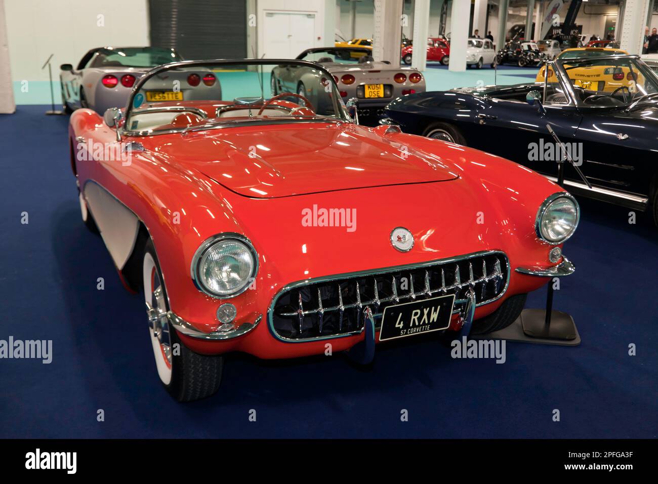 Three-quarters Front view of a Red, 1957, Chevrolet Corvette C1 Convertible, on display at the 2023 London Classic Car Show Stock Photo
