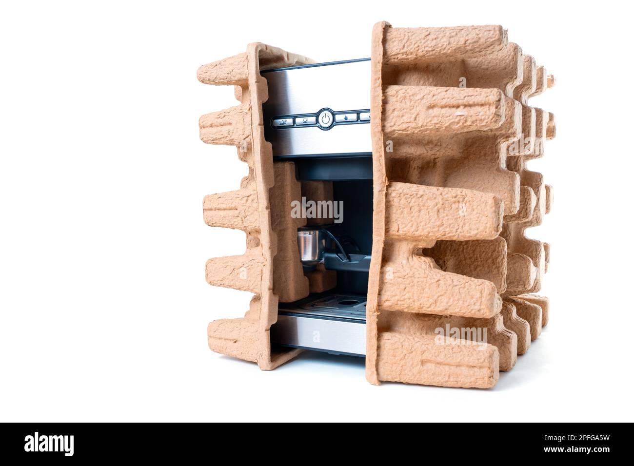 Brand new coffee machine secured with protective cardboard inserts made