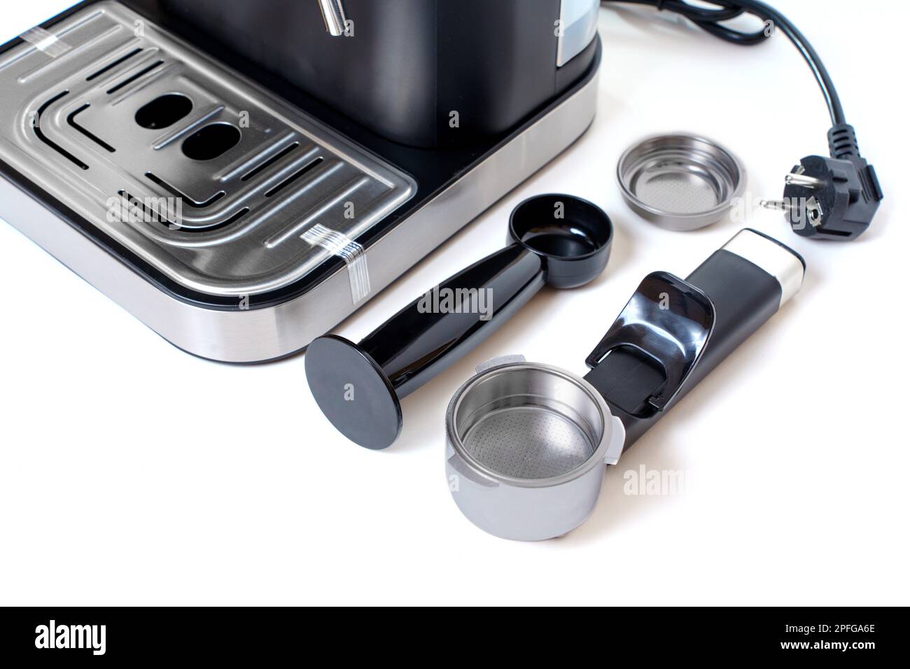 Top view of a home espresso machine elements and essential parts