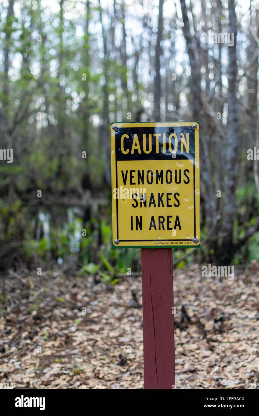 a close-up shot of a yellow and black sign against a backdrop of lush ...