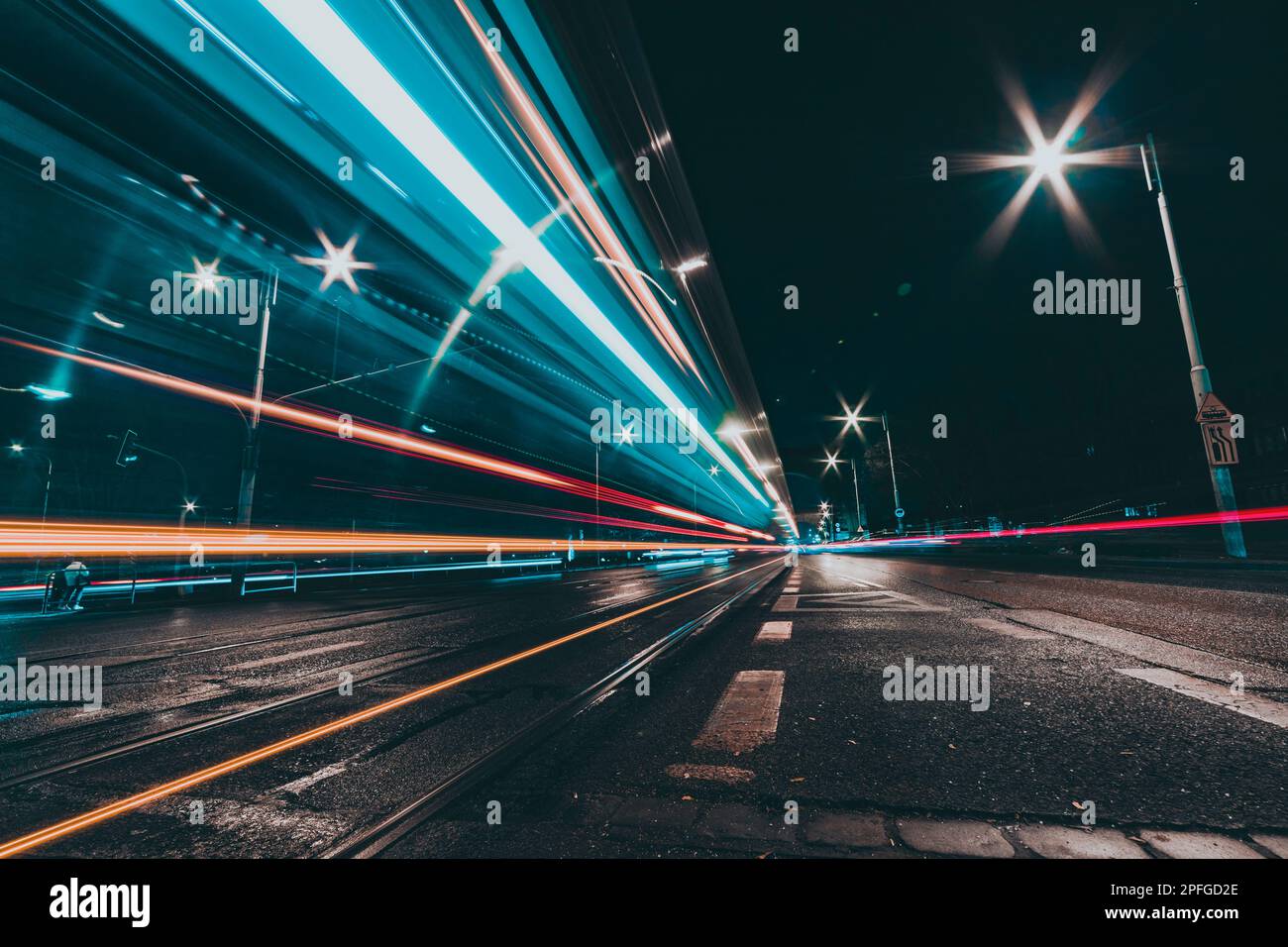 city street at night with vehicles light trails Stock Photo - Alamy