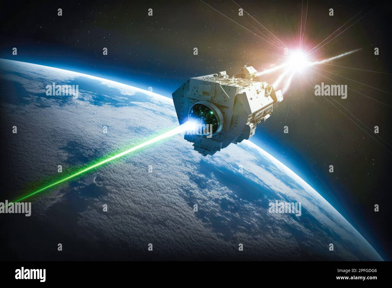 Military satellite shooting with laser on earth orbit. AI generative Stock Photo Alamy