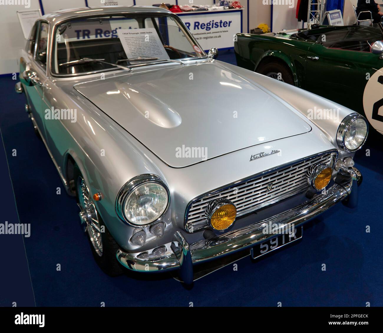 Three-quarter front view of a 1959, Triumph 2000  Italia Coupé,  on the TR Register Stand, of the 2023 London Classic Car Show Stock Photo
