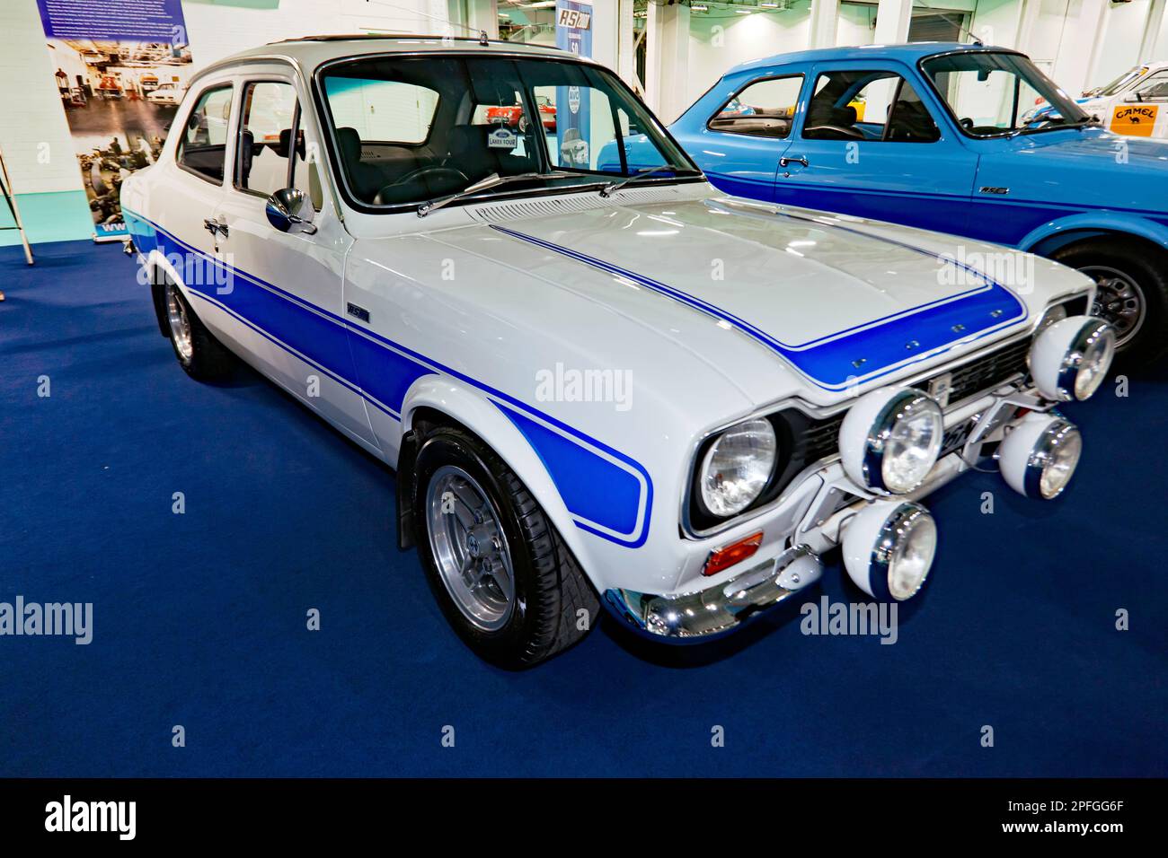 Three-quarters front view of a Ford Escort RS2000 Mark 1, on display at the 2023 London Classic Car Show. Stock Photo