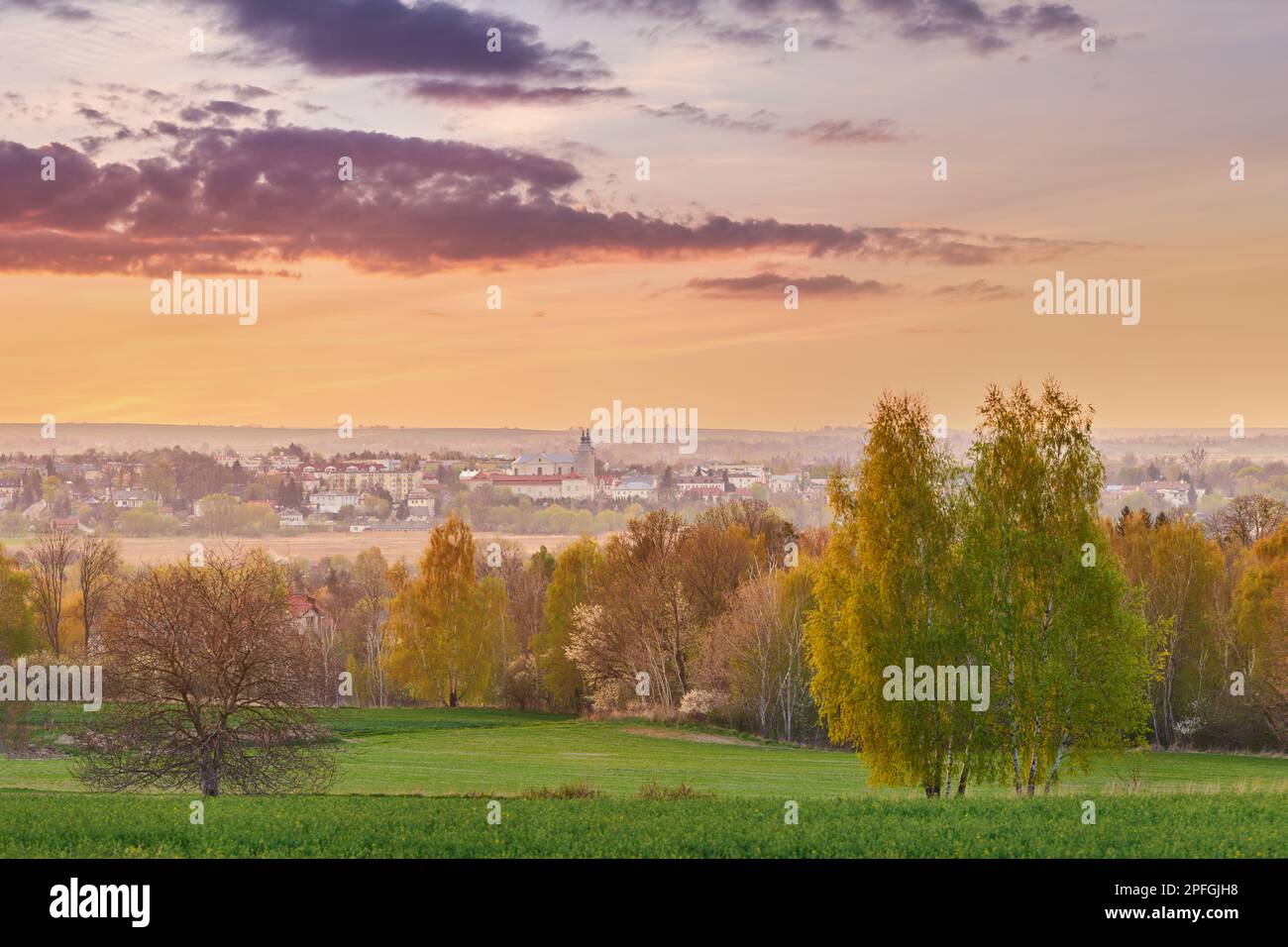 Panorama of the Lublin city of Krasnystaw in the evening in the spring. Stock Photo