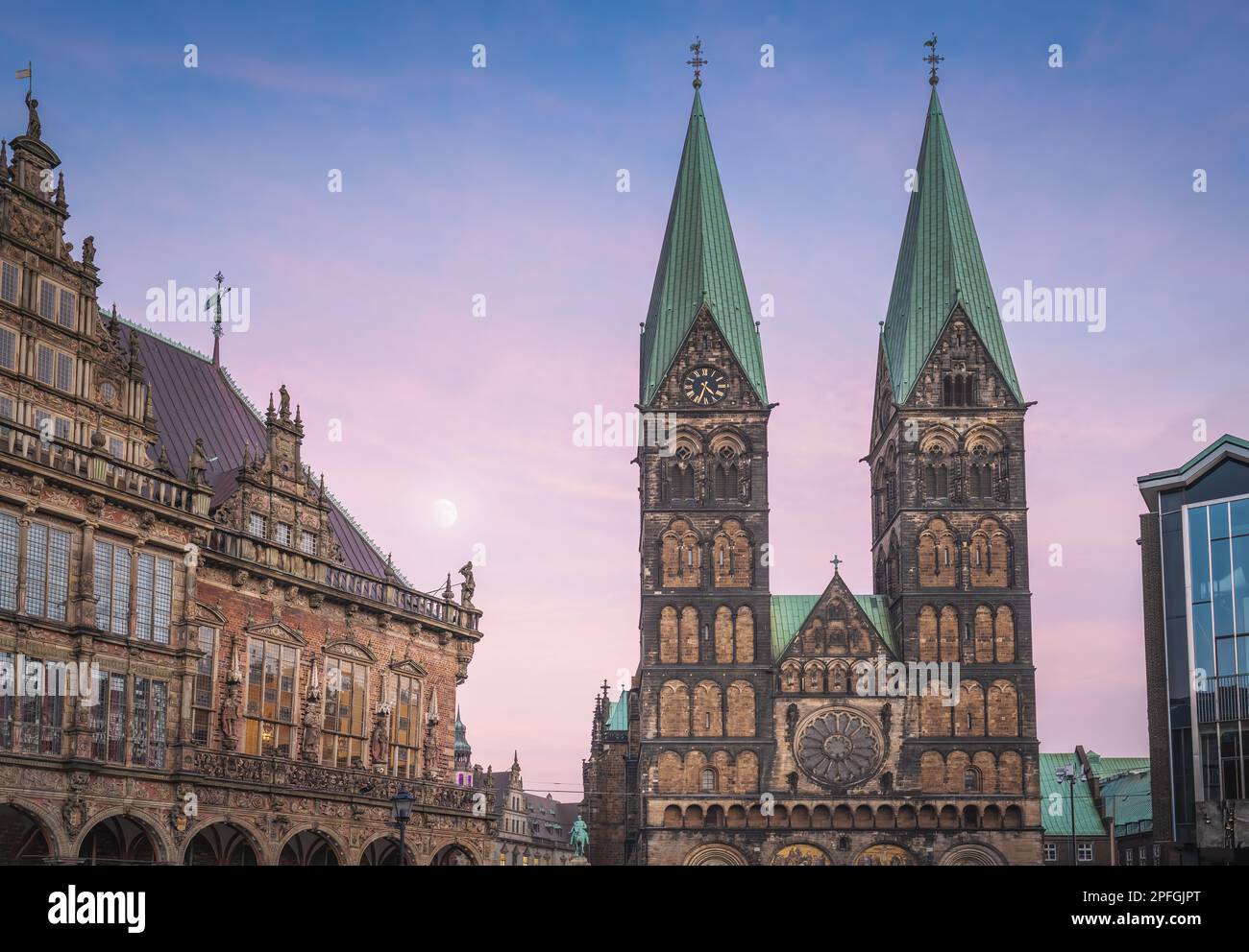 Bremen Cathedral and Old Town Hall at sunset - Bremen, Germany Stock Photo