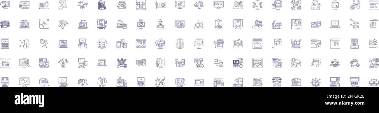 Software line icons signs set. Design collection of Software, program, applications, code, executable, software system, patch, install outline concept Stock Vector