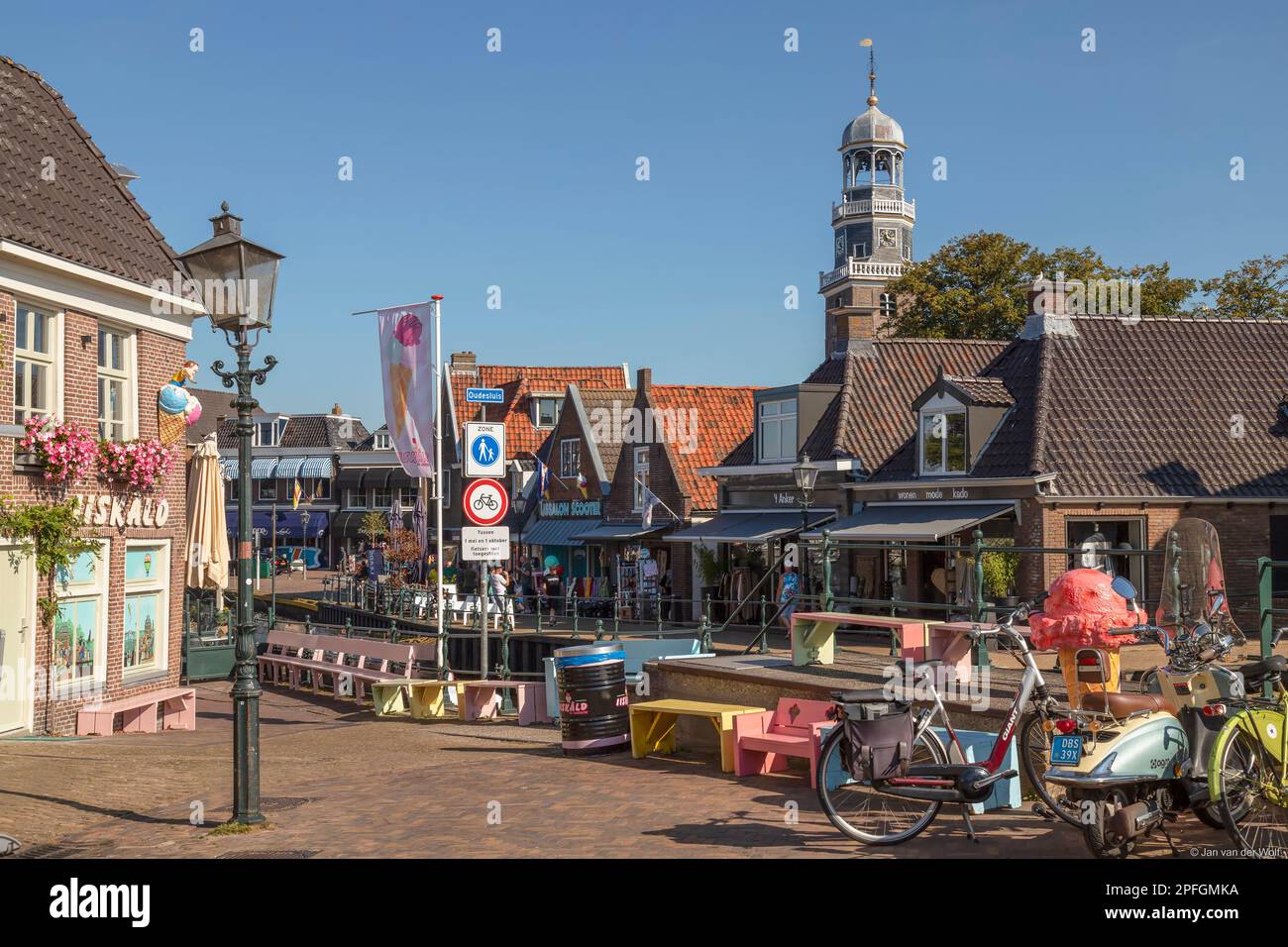 Center of the cozy picturesque fishing village of Lemmer in the province of Friesland. Stock Photo
