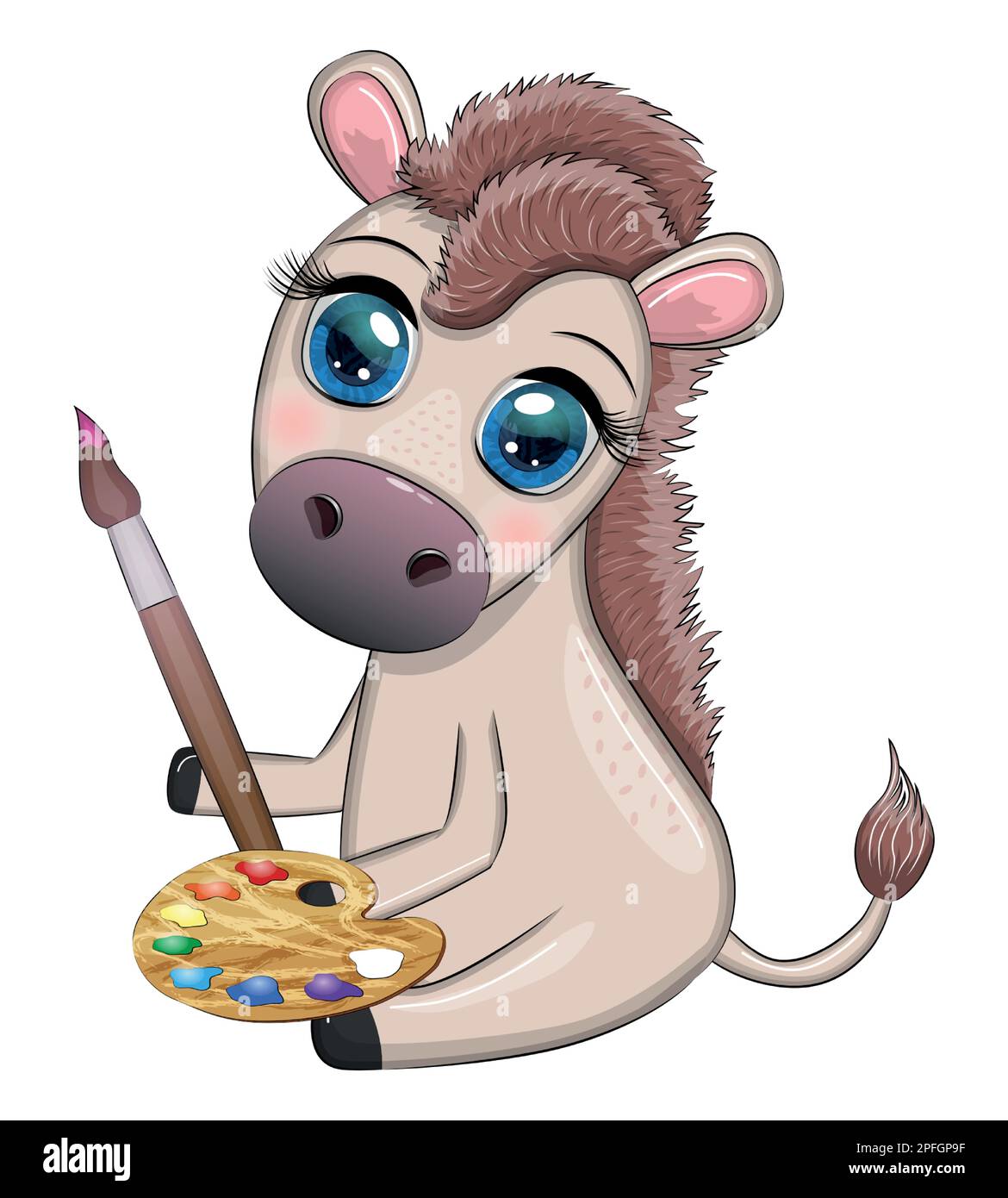 Cute donkey with paint palette and brush, artist character, child