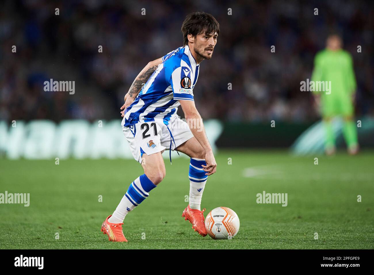David Silva of Real Sociedad during the UEFA Europa League match, Round of 16, 2st leg, between Real Sociedad and Roma played at Reale Arena Stadium on March 16, 2023 in San Sebastian, Spain. (Photo by Cesar Ortiz / PRESSIN) Stock Photo
