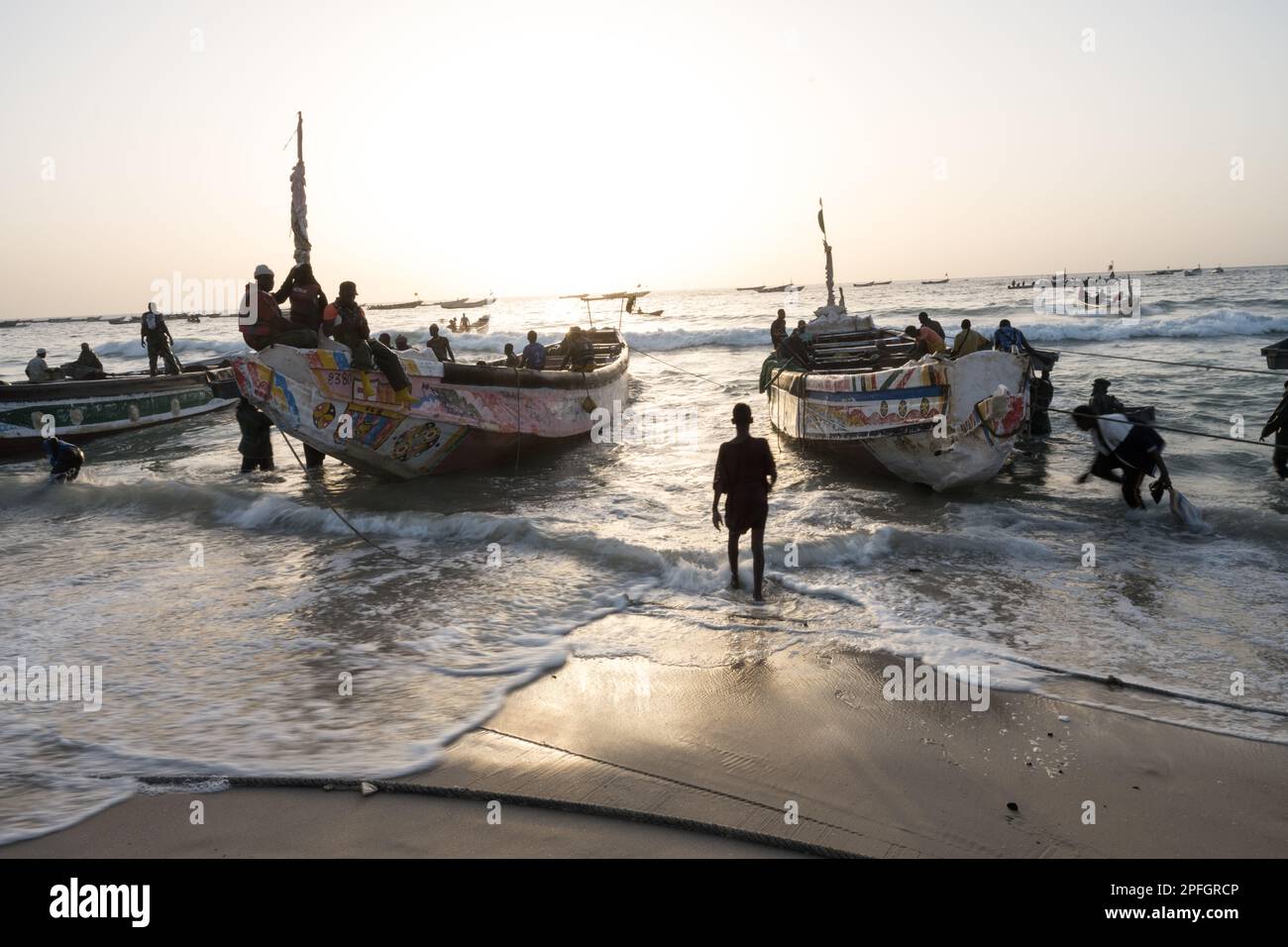 African fishermen unloading the day's catch of fish. Port de Peche, Nouakchott's famous fish market, plage des pecheurs. Mauritania. Stock Photo