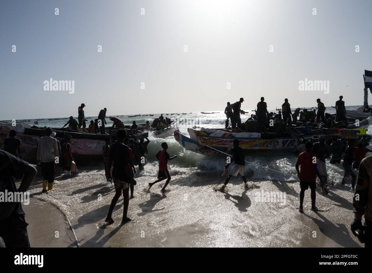 African fishermen unloading the day's catch of fish. Port de Peche, Nouakchott's famous fish market, plage des pecheurs. Mauritania. Stock Photo