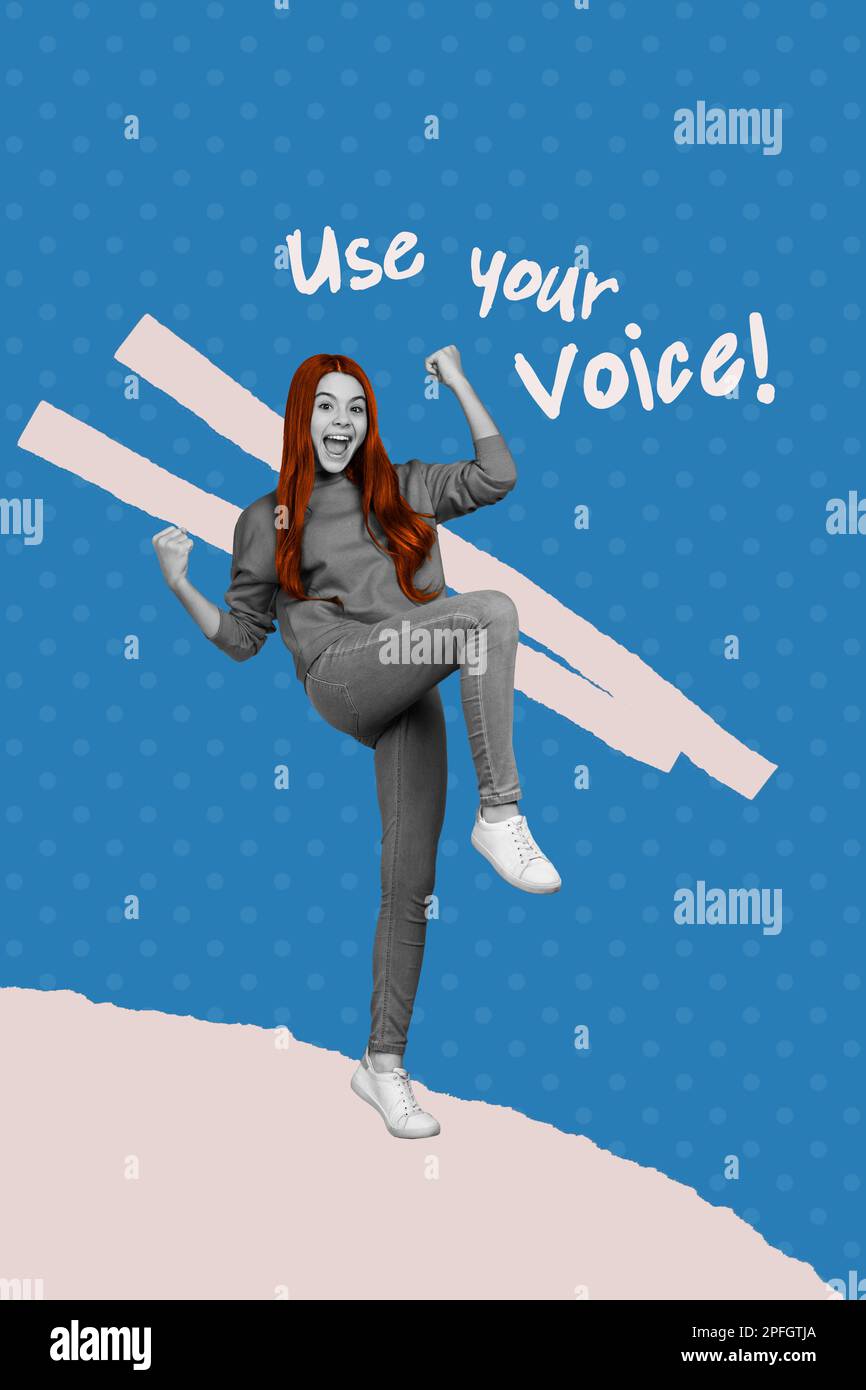 Creative magazine picture collage young teen lady raising fists up feminist activist slogan use your voice Stock Photo