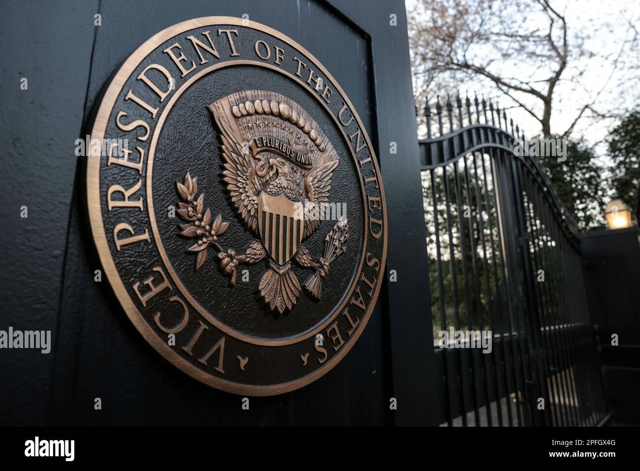 Washington, United States. 17th Mar, 2023. The seal of the Vice President of the United States is seen outside Vice President Kamala Harris' residence at the U.S. Naval Observatory in Washington, DC, on March 17, 2023.(Photo by Oliver Contreras/Abaca) Credit: Abaca Press/Alamy Live News Stock Photo