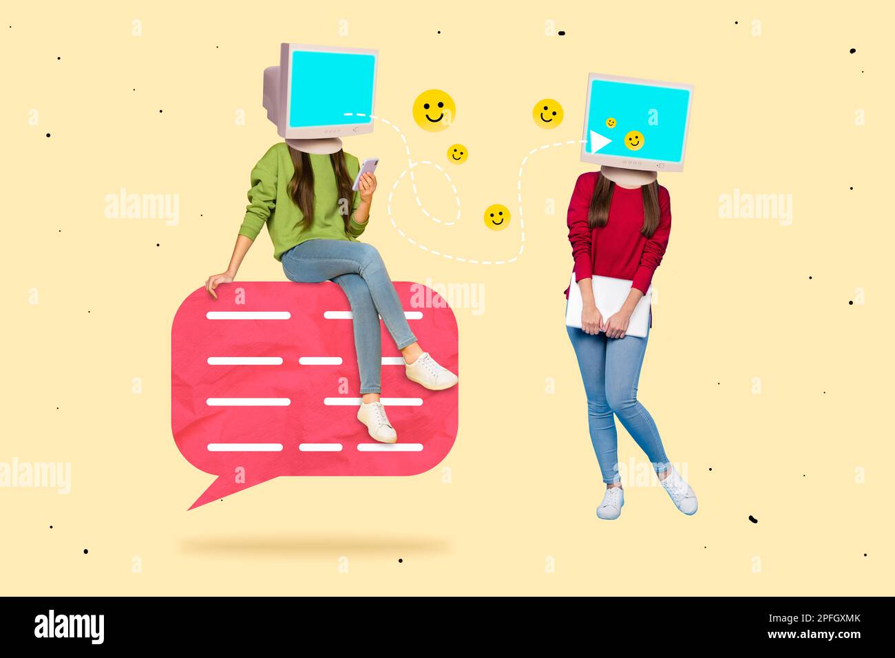 Creative collage image of two girls pc screen instead head use ...