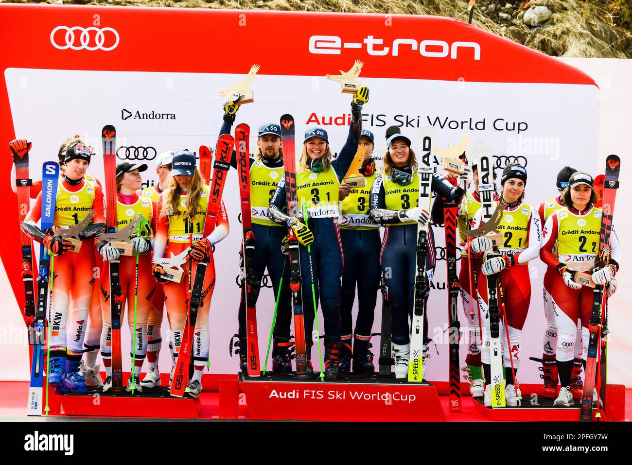 Andorra. 17th Mar, 2023. The podium after the Mixed Team Parallel race at the Audi FIS Ski World Cup Finals.left- Switzerland (second place).center- Norway (winner).right- Austria (Credit Image: © Christopher Levy/ZUMA Press Wire) EDITORIAL USAGE ONLY! Not for Commercial USAGE! Stock Photo