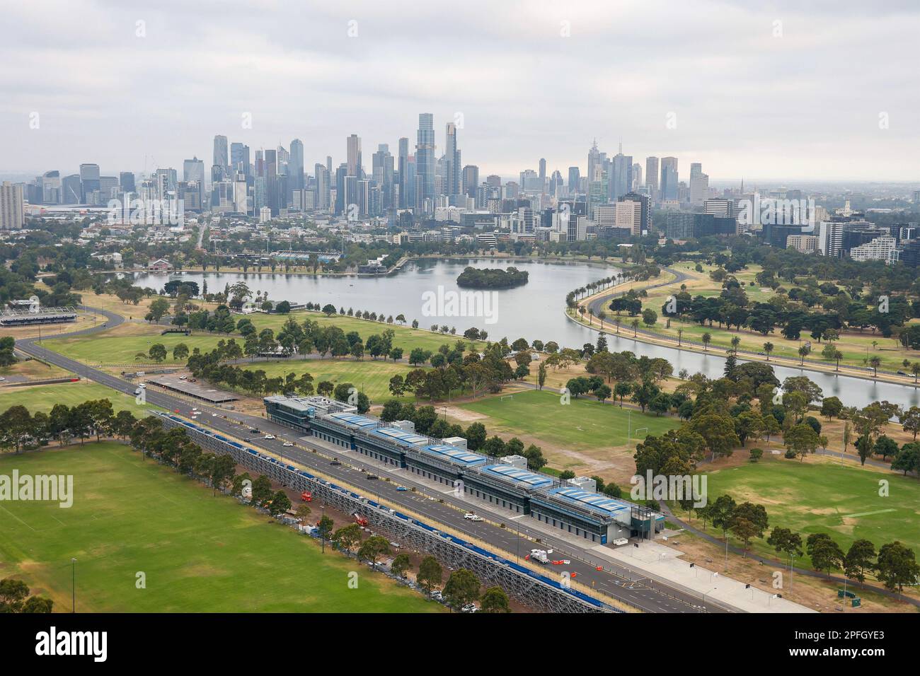 Aerial view of Albert Park Lake and the Melbourne skyline, Victoria, Australia Stock Photo