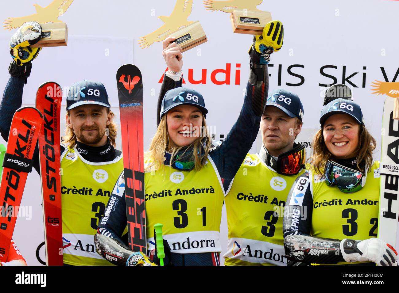 Andorra. 17th Mar, 2023. The Norwegian Team celebrates winning the Mixed Team Parallel race at the Audi FIS Ski World Cup Finals. (Credit Image: © Christopher Levy/ZUMA Press Wire) EDITORIAL USAGE ONLY! Not for Commercial USAGE! Stock Photo