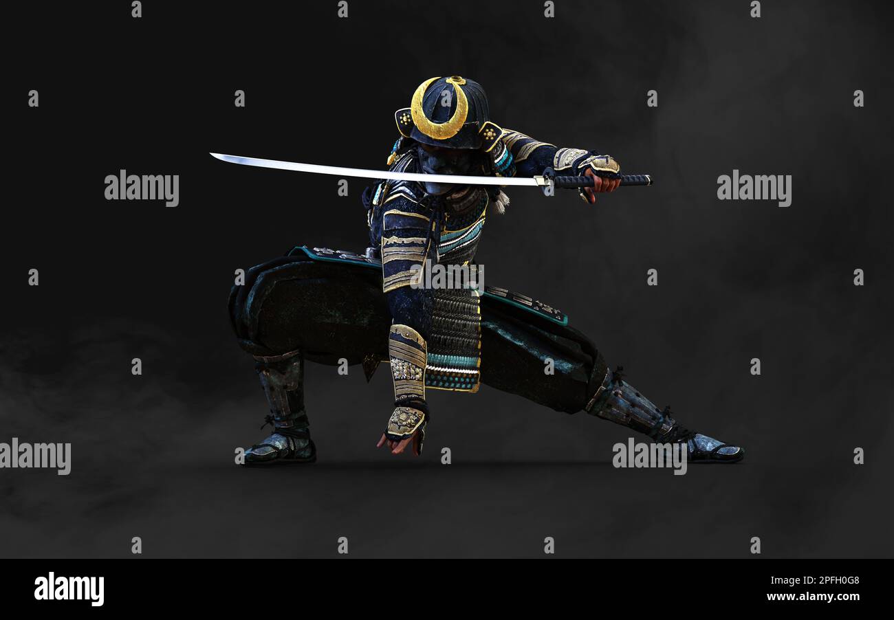 3d Illustration of a samurai wearing blue and green armor holding a katana sword in each hand with clipping path. Samurai concept. Stock Photo