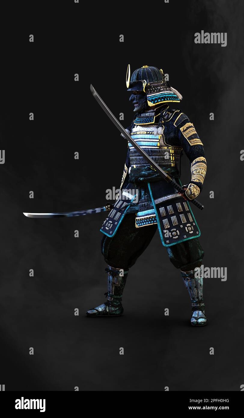 3d Illustration of a samurai wearing blue and green armor holding a katana sword in each hand with clipping path. Samurai concept. Stock Photo