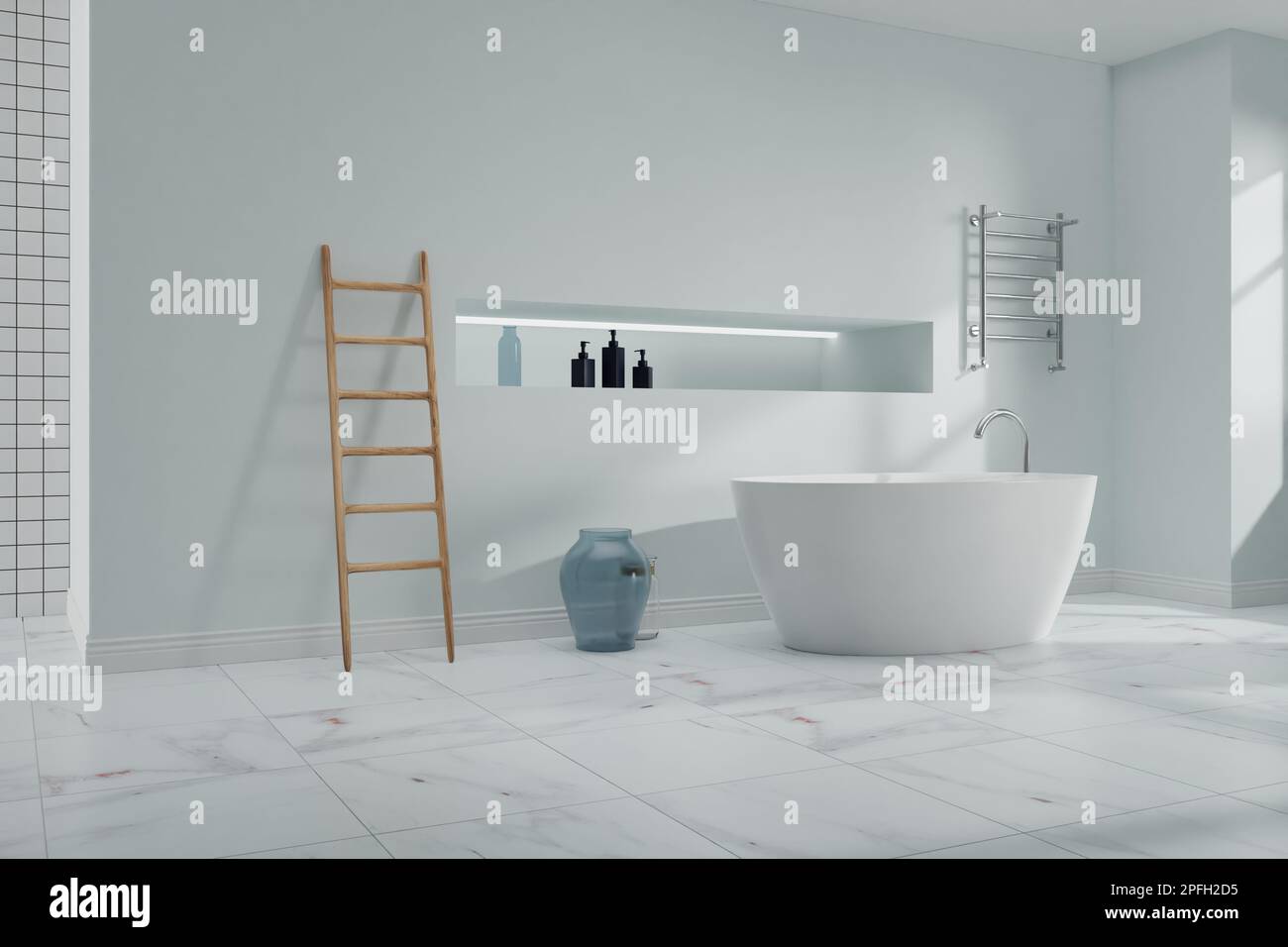 Contemporary bathroom blue interior, with floor tub and wooden ladder