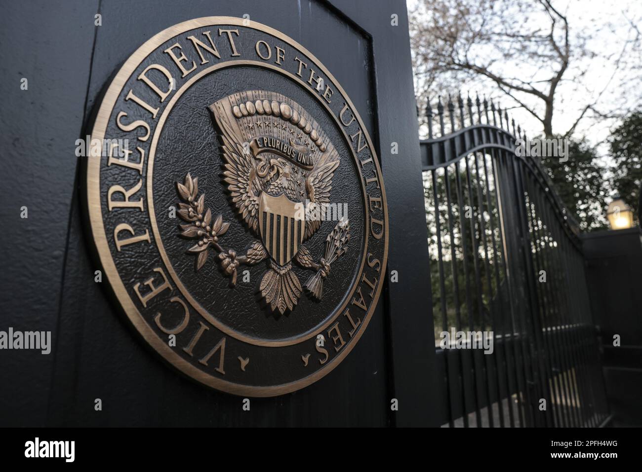 Washington, United States. 17th Mar, 2023. The seal of the Vice President of the United States is seen outside Vice President Kamala Harris' residence at the U.S. Naval Observatory in Washington, DC, on Friday, March 17, 2023. Photo by Oliver Contreras/UPI Credit: UPI/Alamy Live News Stock Photo