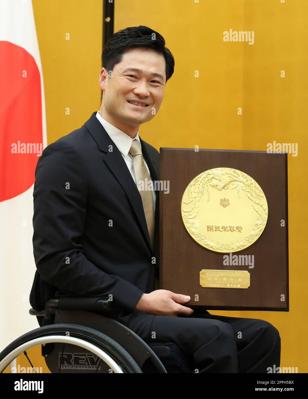 Japanese legendary wheelchair tennis player Shingo Kunieda receives the