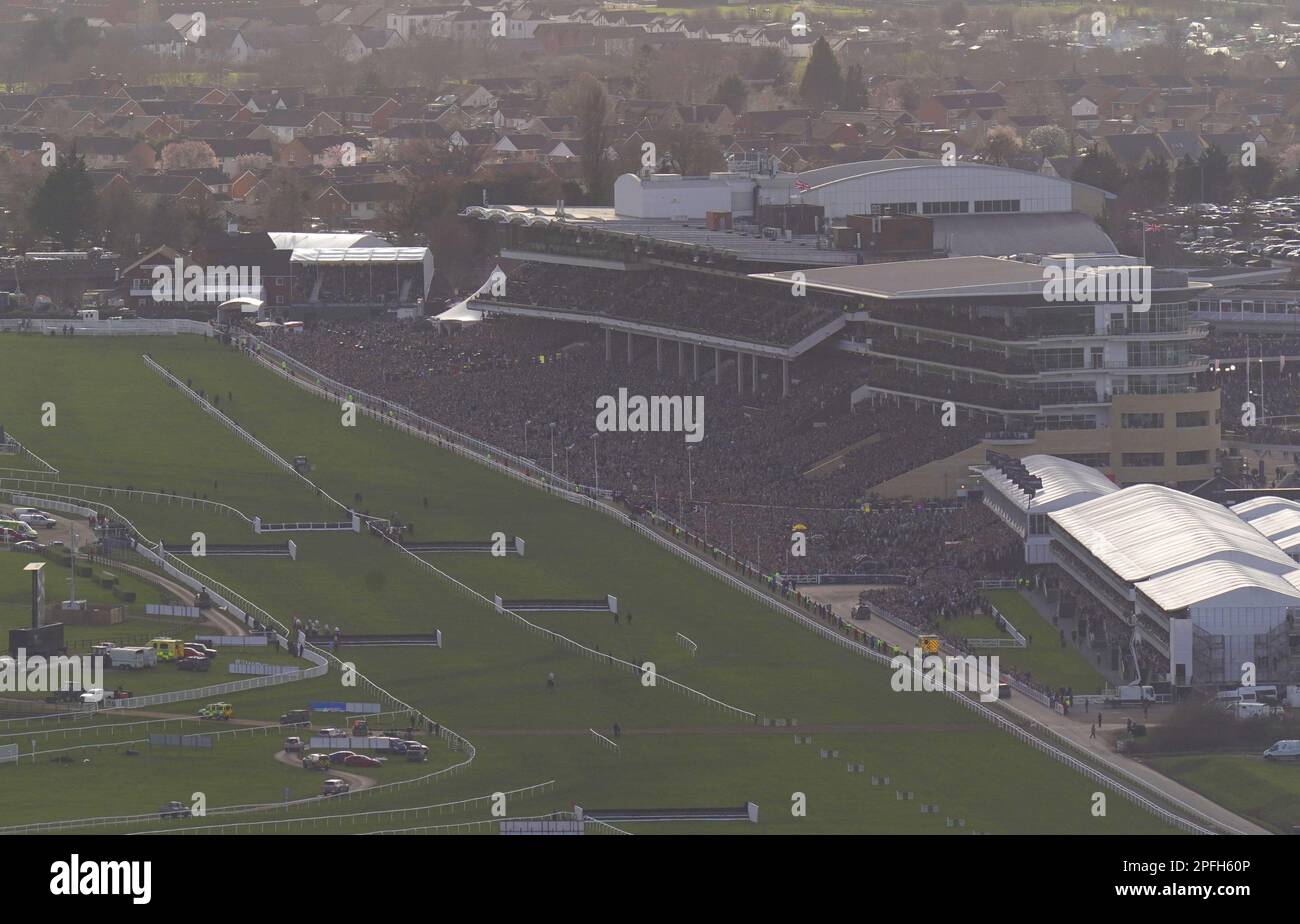 The view from Cleeve Hill as Galopin Des Champs ridden by aul Townend wins the Boodles Cheltenham Gold Cup Chase on day four of the Cheltenham Festival at Cheltenham Racecourse. Picture date: Friday March 17, 2023. Stock Photo