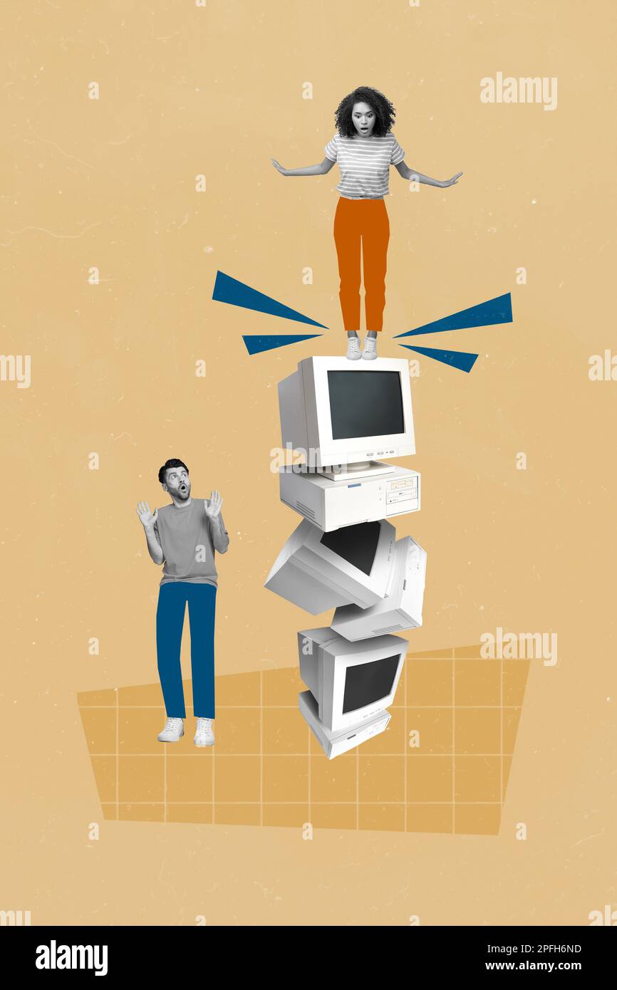 Vertical creative collage image of scared man frightened woman standing