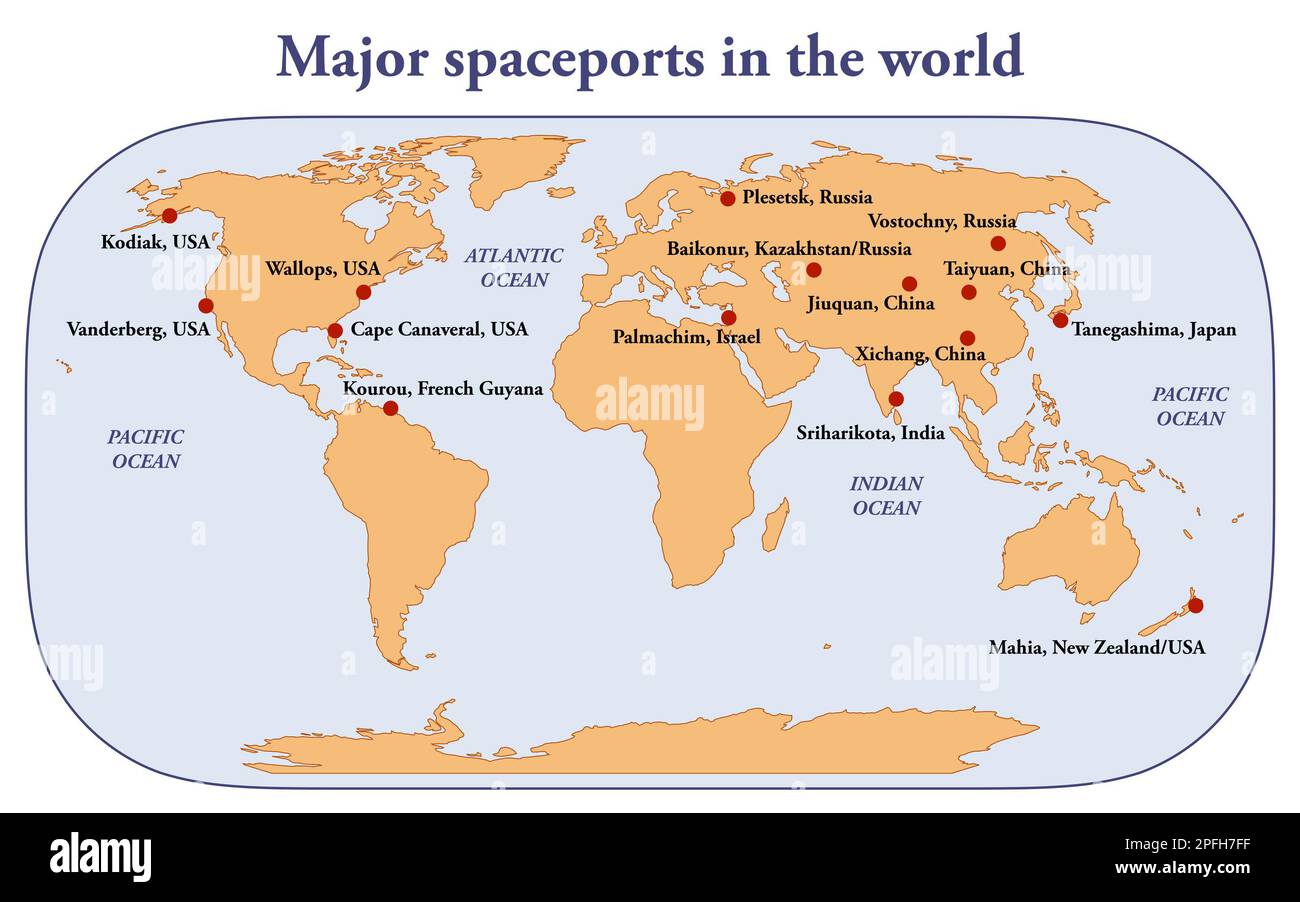 Map of the major spaceports in the world Stock Photo
