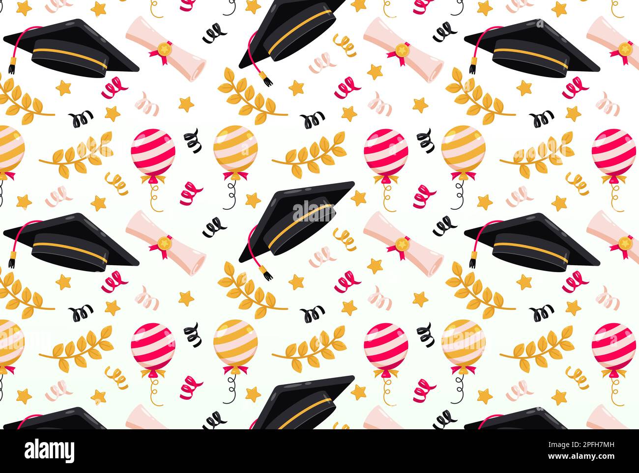 Happy Graduation. Cap, certificate, wheat and balloon pattern Stock Vector