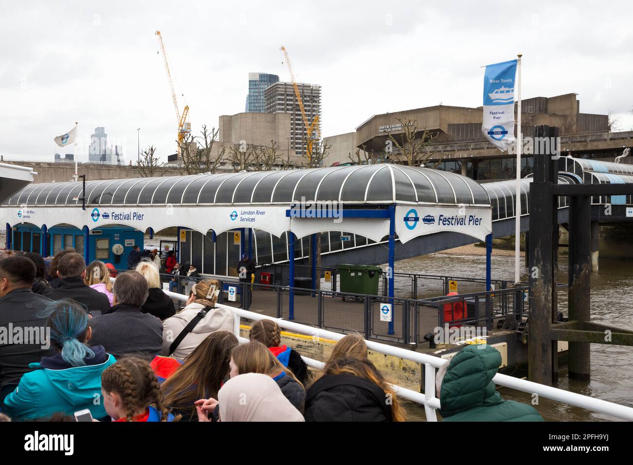 London Festival Pier at the Southbank National Theatre for passengers to embark and disembark from riverboats & tour boat on the River Thames. UK. (133) Stock Photo