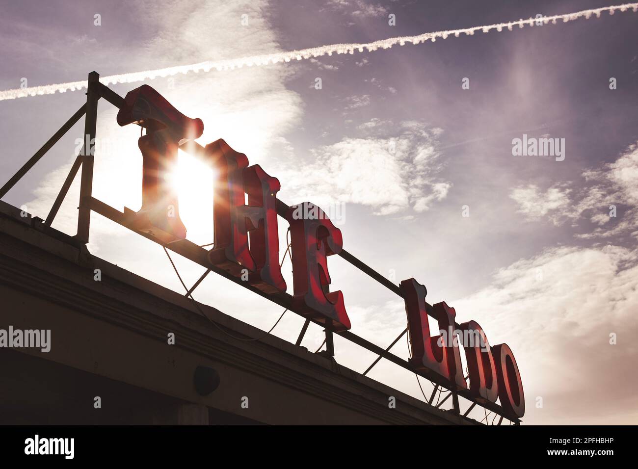 Looking up at The Lido sign in Worthing, West Sussex, UK Stock Photo