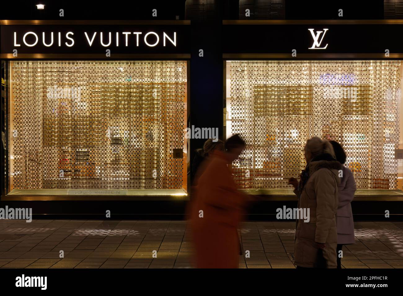 VIENNA, Austria - January 6, 2023: Louis Vuitton brand sign in a luxury shopping street in the city center Stock Photo