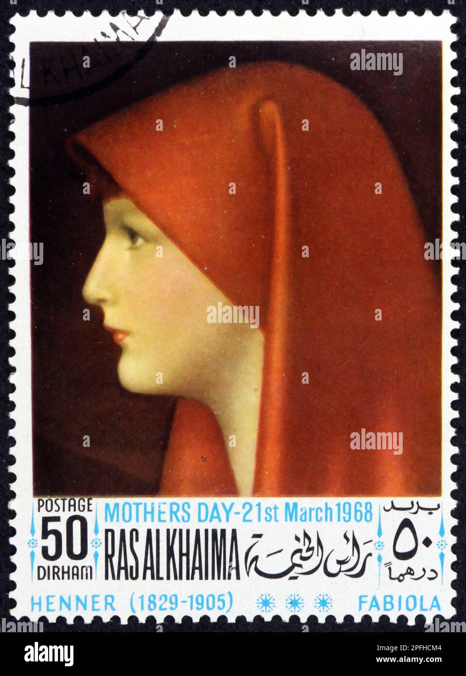 RAS AL-KHAIMAH - CIRCA 1968: a stamp printed in Ras al-Khaimah shows Fabiola with red headscarf, portrait, painting by Jean-Jacques Henner (1829-1905) Stock Photo