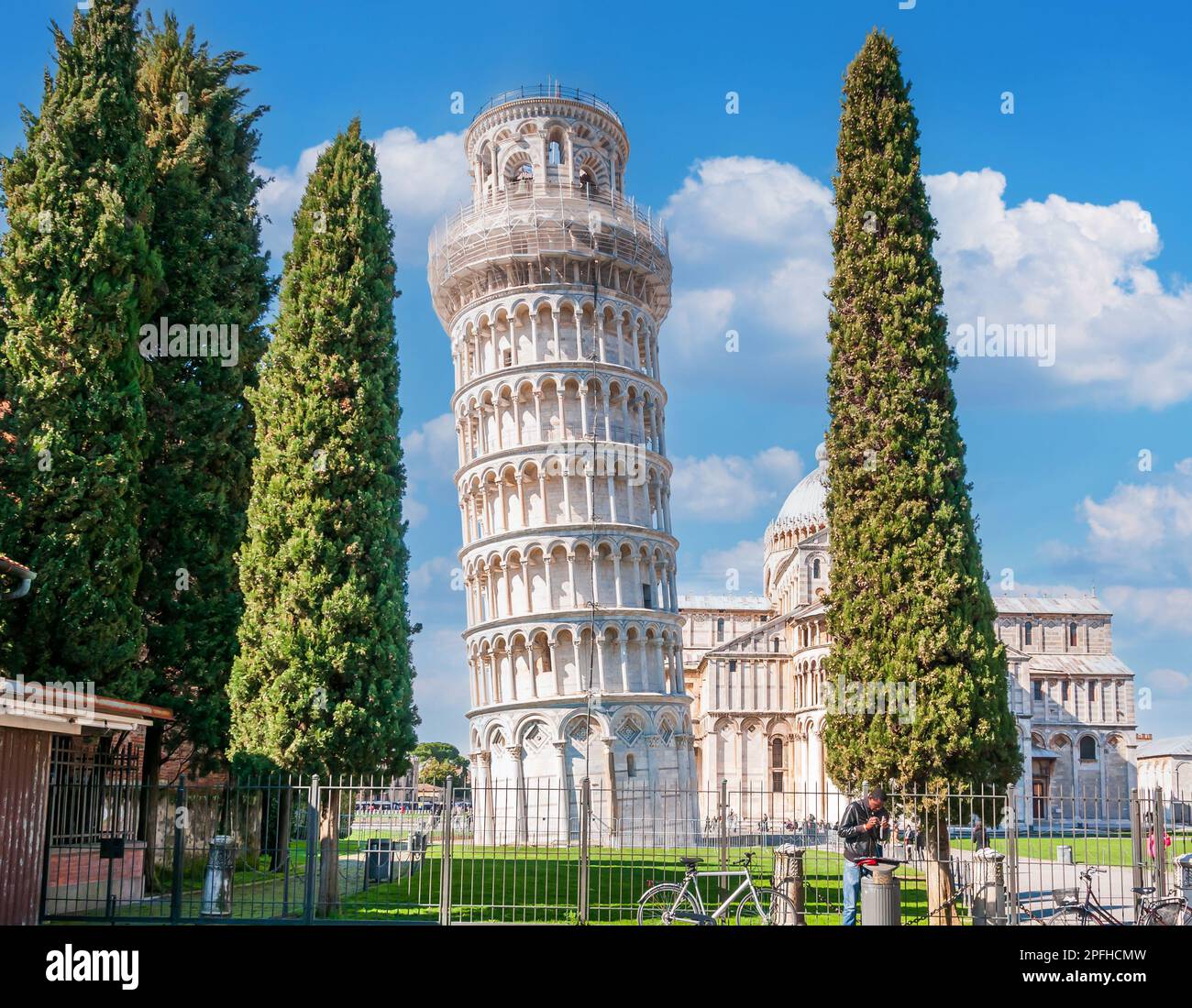 Panorama of the Cathedral of Our Lady of the Assumption and its leaning campanile made famous around the world in Pisa, Tuscany, Italy Stock Photo