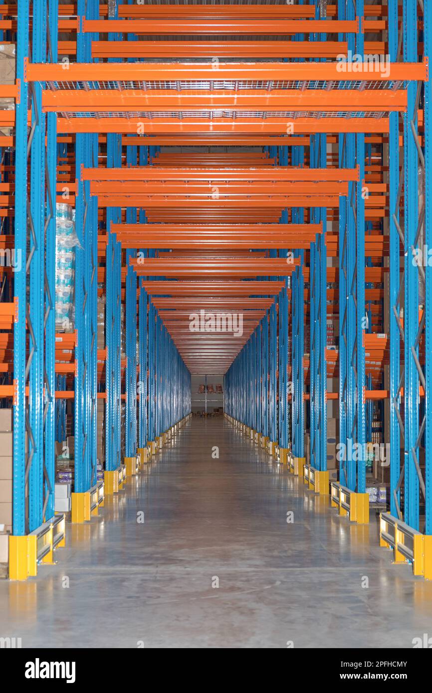 Corridor Way Under Shelving System in Warehouse Stock Photo